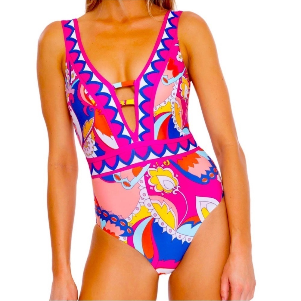 Trina Turk Sevilla plunge one piece bathing swim suit pink blue 10